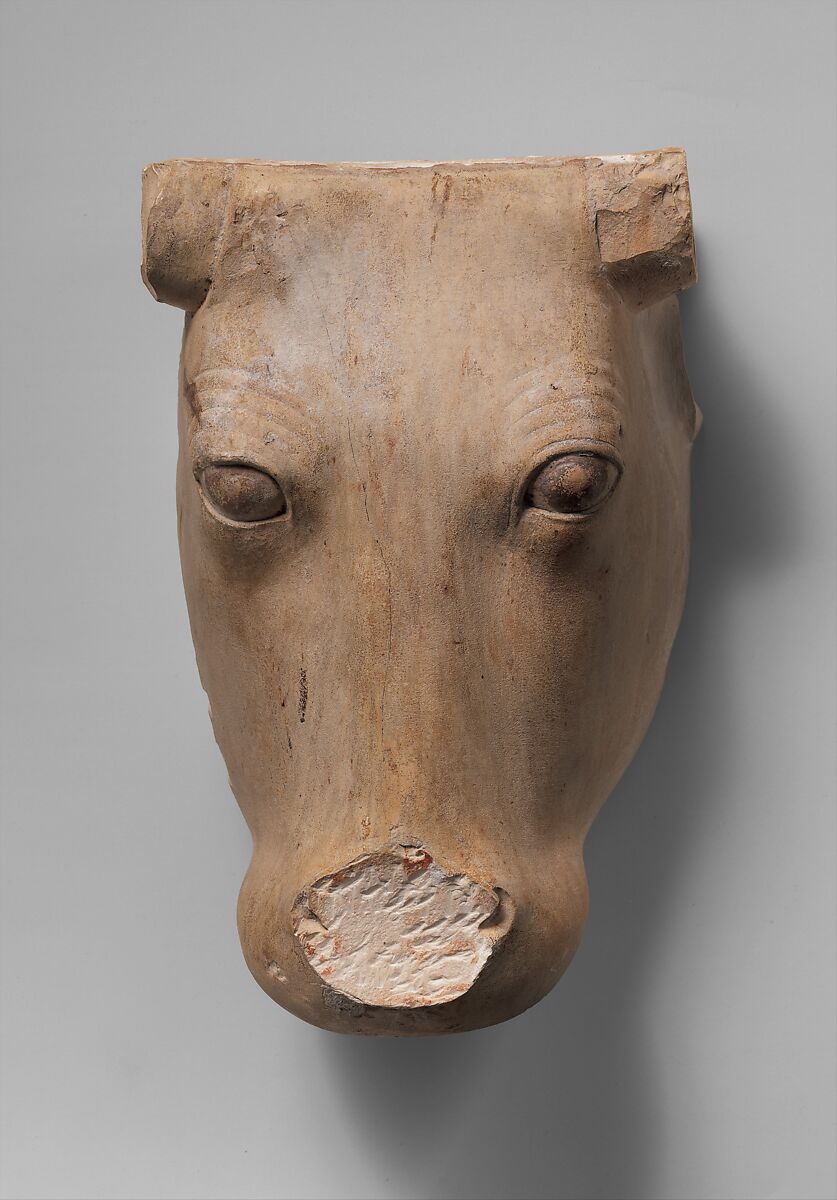 Cow's Head from a frontal representation of a cow emerging from a wall, Limestone, paint traces 