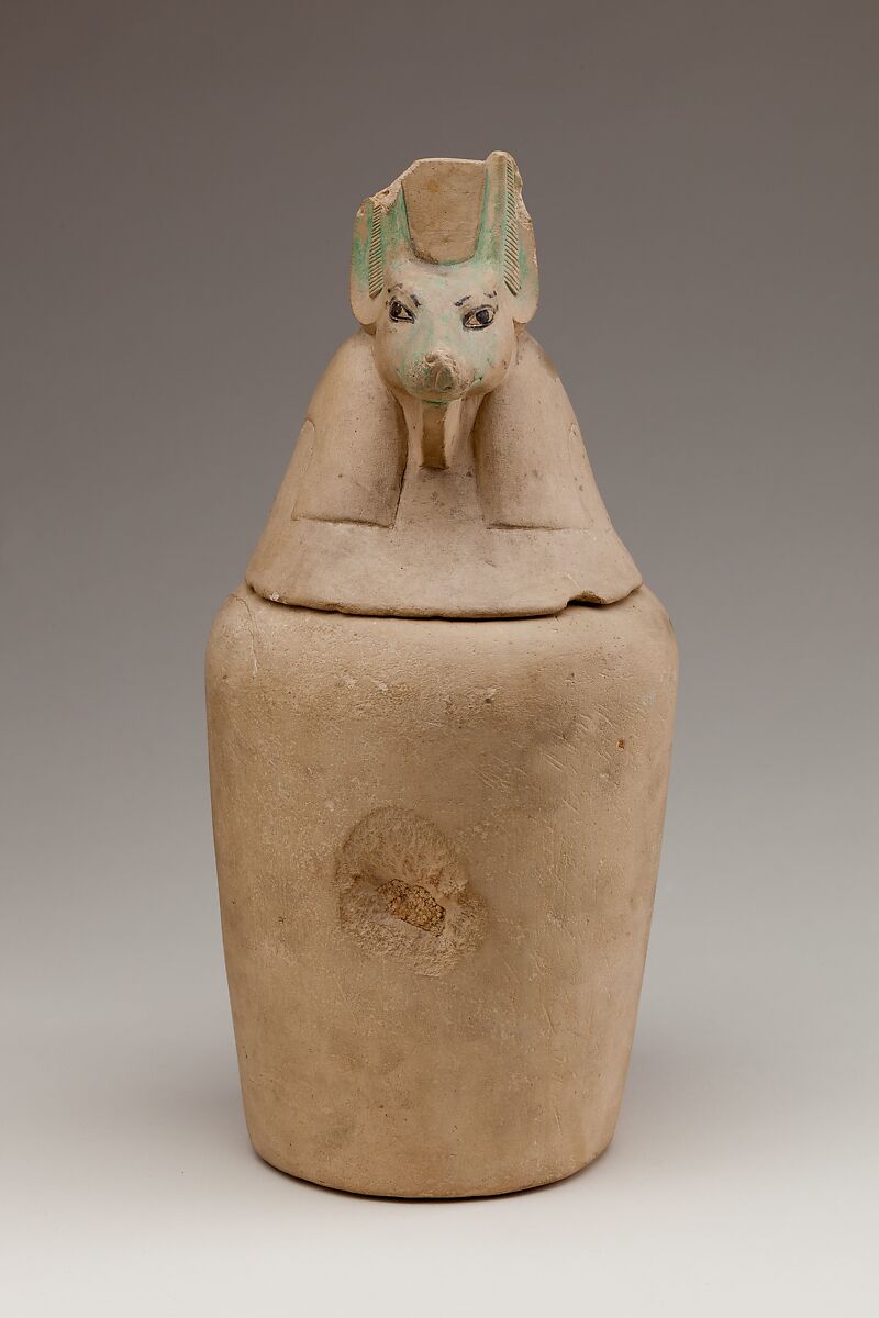 Canopic Jar Representing the Deity Duamutef, Limestone, paint 