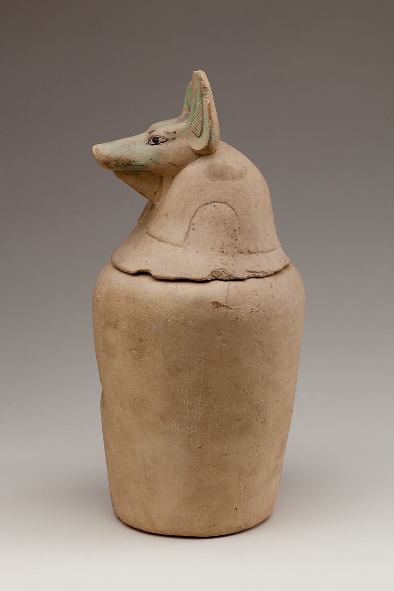 Canopic Jar Representing the Deity Duamutef, Limestone, paint
