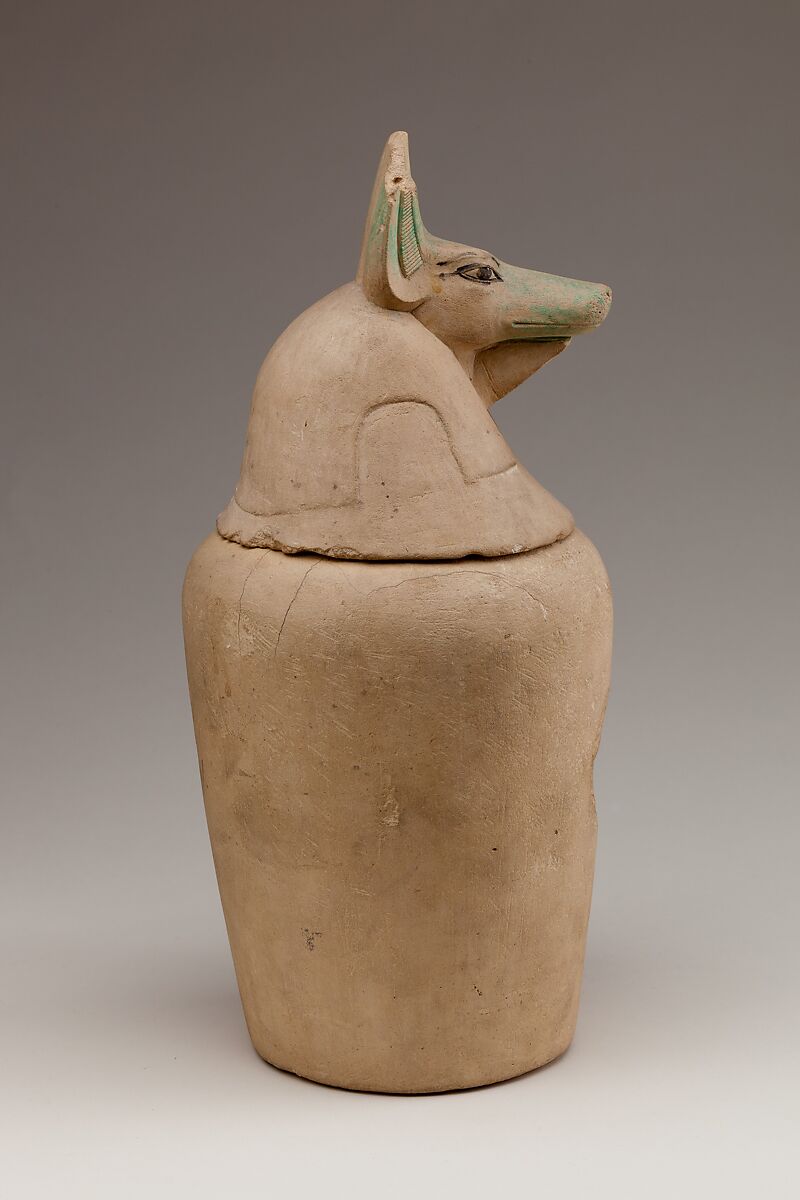 Canopic Jar Representing the Deity Duamutef, Limestone, paint