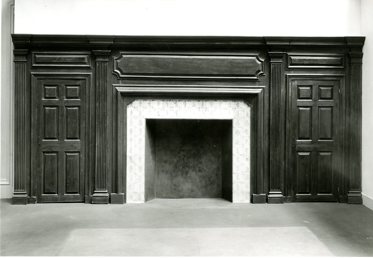 Fireplace wall paneling from the Benjamin Hasbrouck House, Gumwood, stained, American