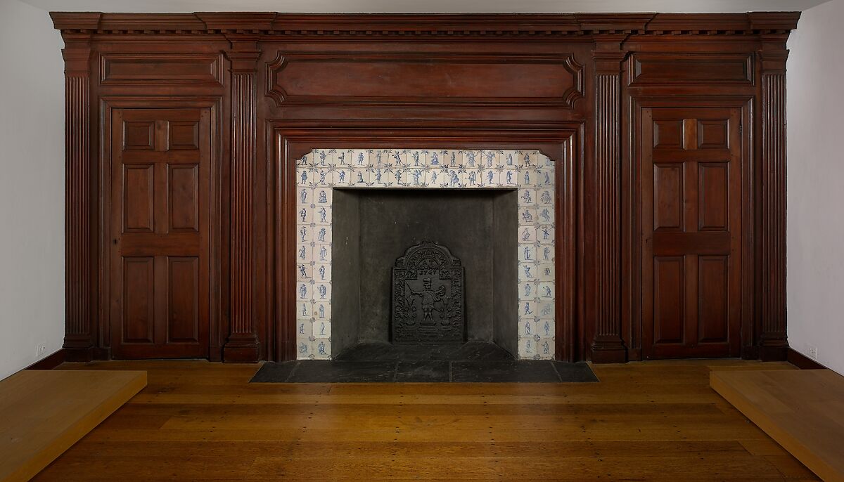 Fireplace wall paneling from the Benjamin Hasbrouck House, Gumwood, stained, American 