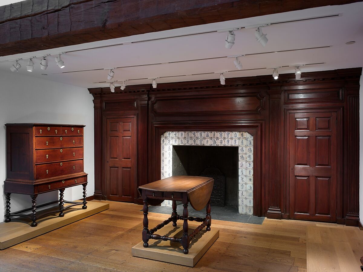Fireplace wall paneling from the Benjamin Hasbrouck House, Gumwood, stained, American
