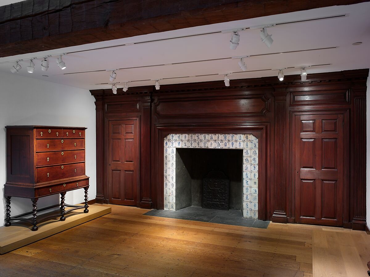 Fireplace wall paneling from the Benjamin Hasbrouck House, Gumwood, stained, American