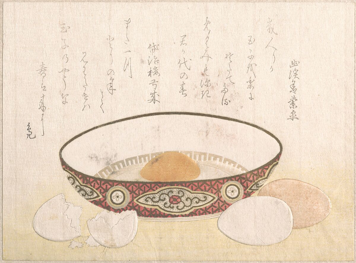 Flat Bowl with Eggs, Unidentified artist, Woodblock print (surimono); ink and color on paper, Japan 