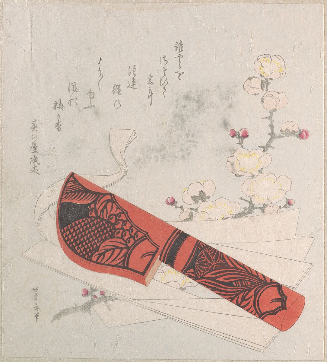 Plum Blossoms, Cut Paper and a Knife in Sheath, Uematsu Tōshū (Japanese, active late 1810s–20s), Woodblock print (surimono); ink and color on paper, Japan 