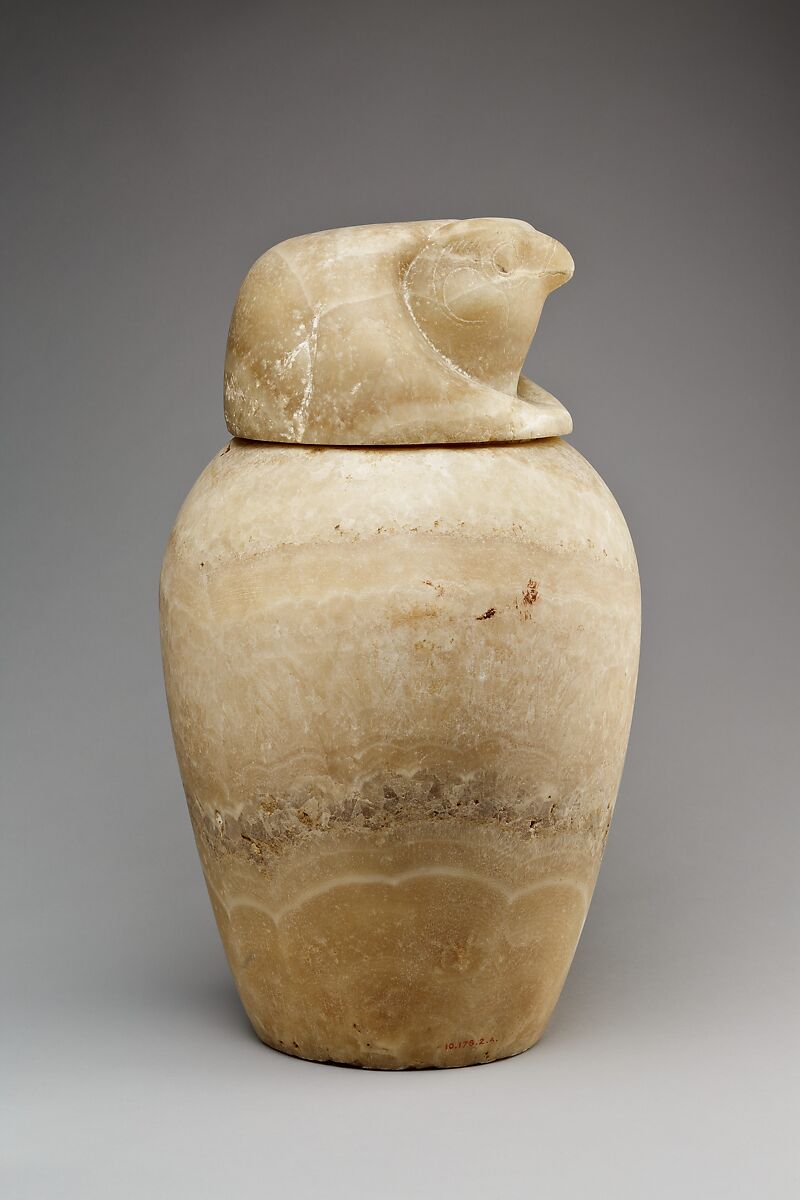 Canopic jar with a falcon-headed lid (Qebehsenuef), Travertine (Egyptian alabaster)