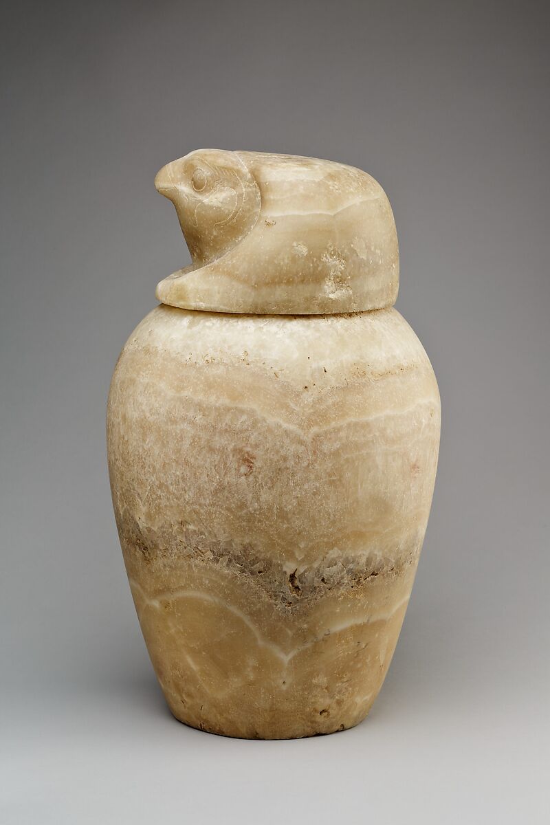 Canopic jar with a falcon-headed lid (Qebehsenuef), Travertine (Egyptian alabaster)