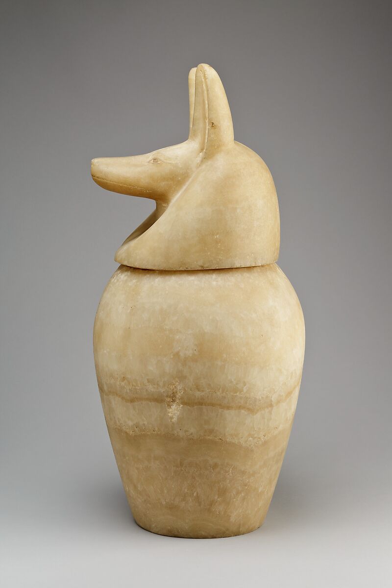 Canopic jar with a jackal-headed lid, Travertine (Egyptian alabaster)