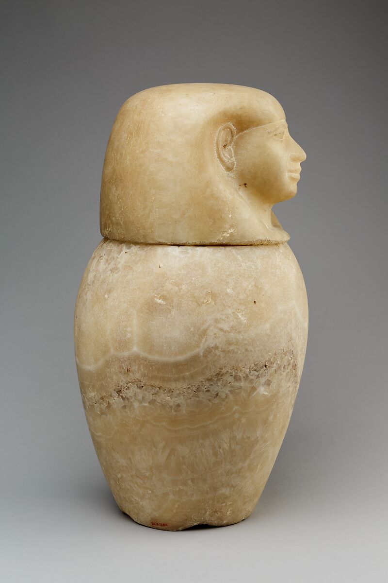 Canopic jar with a human-headed lid, Travertine (Egyptian alabaster)