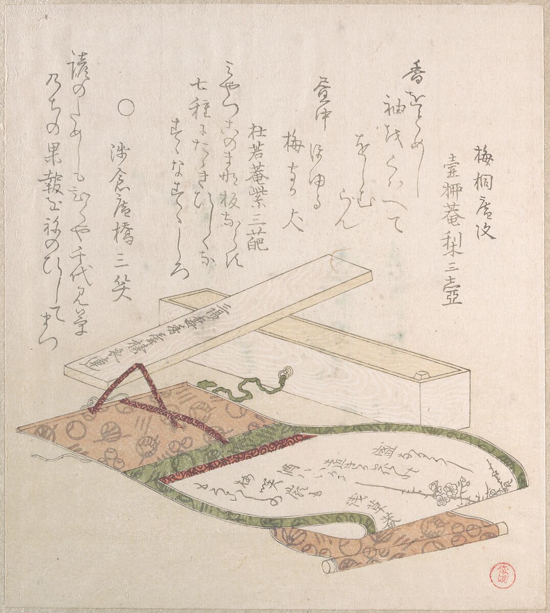 Kakemono and Its Box, Kubo Shunman (Japanese, 1757–1820), Woodblock print (surimono); ink and color on paper, Japan 