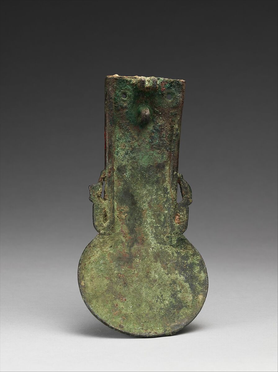 Menat counterpoise for attachment to the missing aegis of a goddess, Cupreous metal, gold inlay