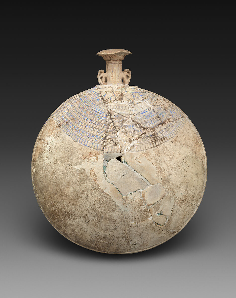 Lentoid Bottle ("New Year's Bottle") inscribed for the God's Father Amenhotep, son of the God's Father Iufaa, Faience