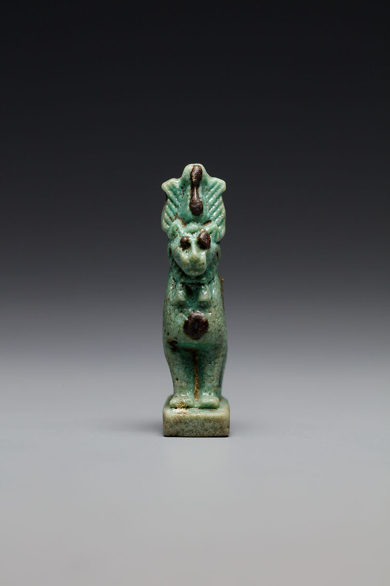 Lion(?) wearing an atef crown, Faience 