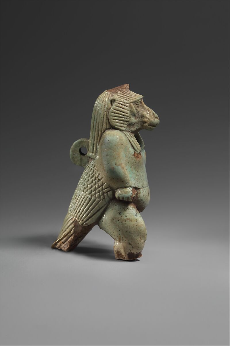 Hybrid protective figure incorporating parts of a baboon and a bird, Faience