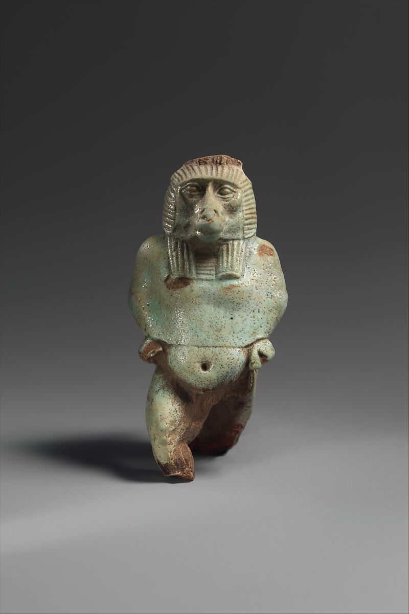Hybrid protective figure incorporating parts of a baboon and a bird, Faience 