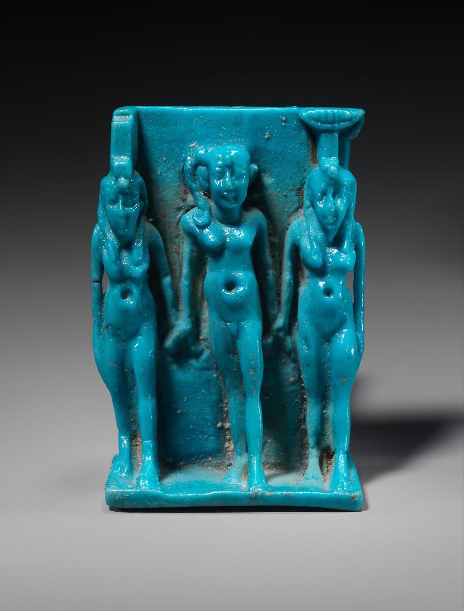 Amulet depicting Isis, Horus, and Nephthys, Faience 