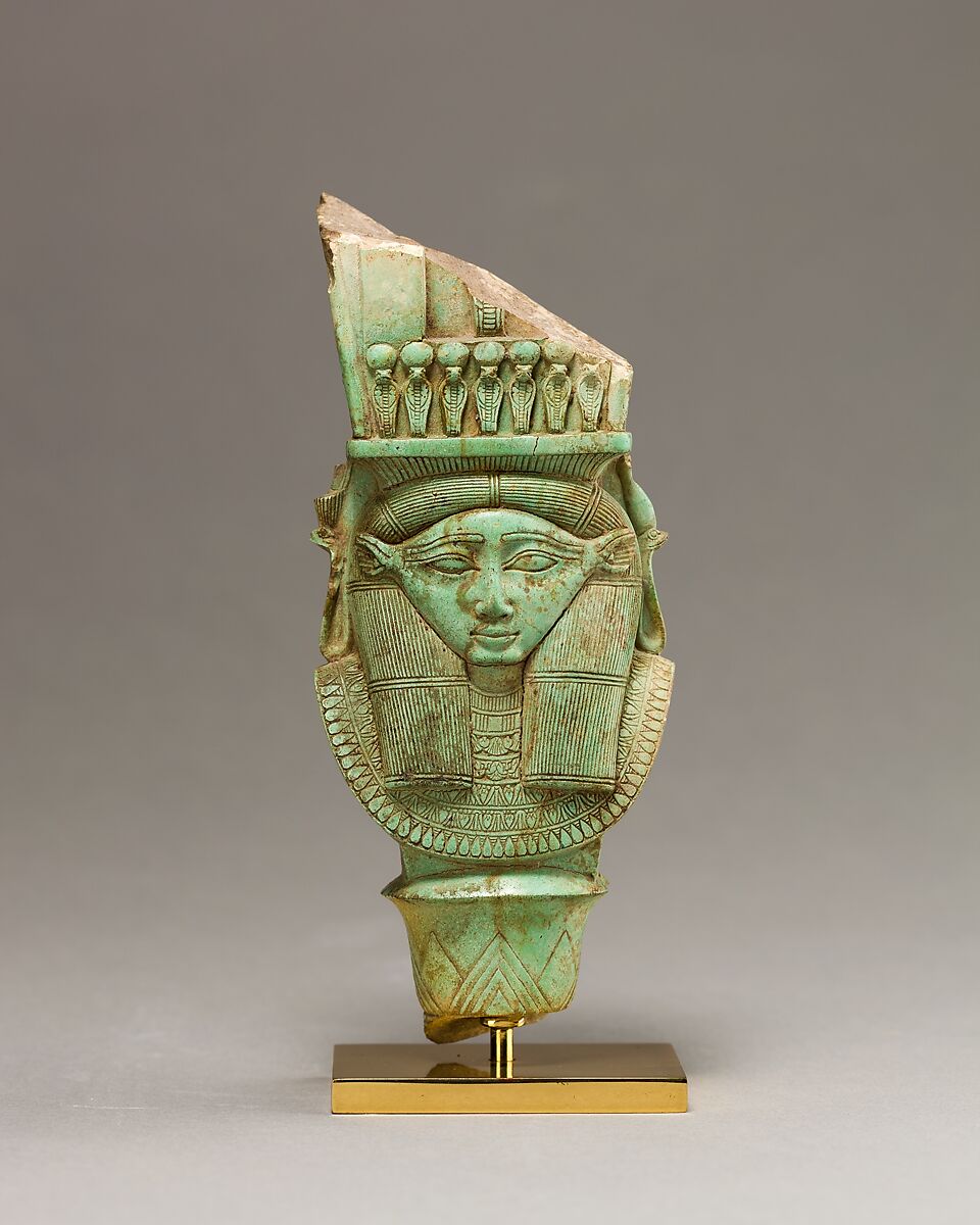 Bat / Hathor emblem from a sistrum, Faience