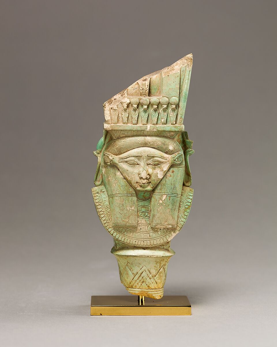 Bat / Hathor emblem from a sistrum, Faience