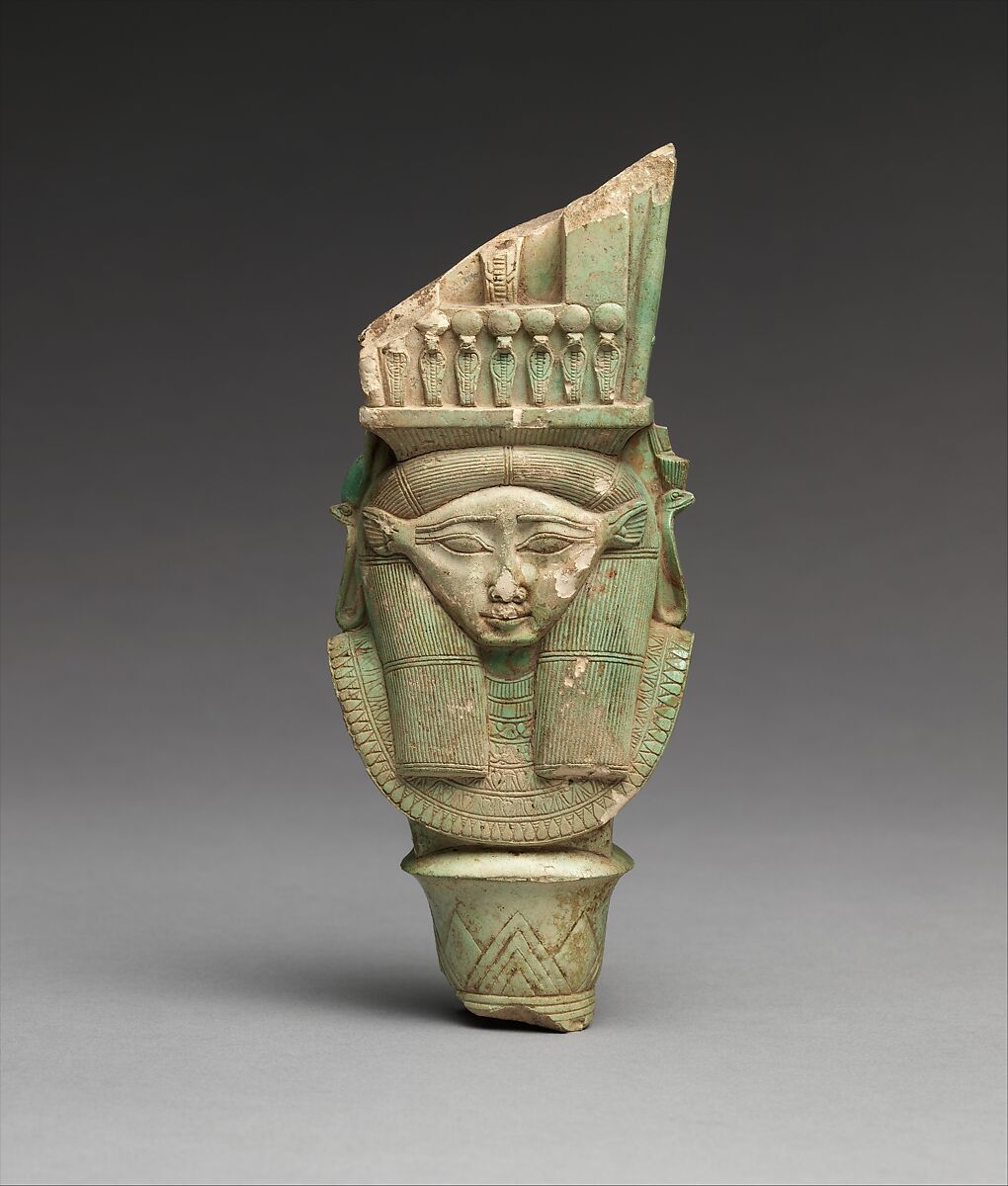 Bat / Hathor emblem from a sistrum, Faience