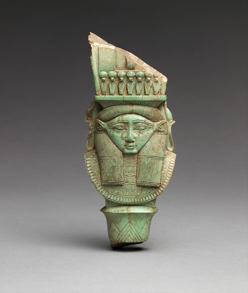 Bat / Hathor emblem from a sistrum, Faience 