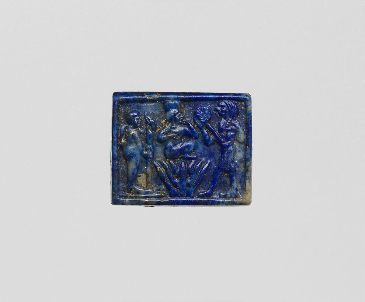 Plaque with Harpokrates (or similar) on a lotus, Ptah and Re-Harakhty(?), Lapis Lazuli 