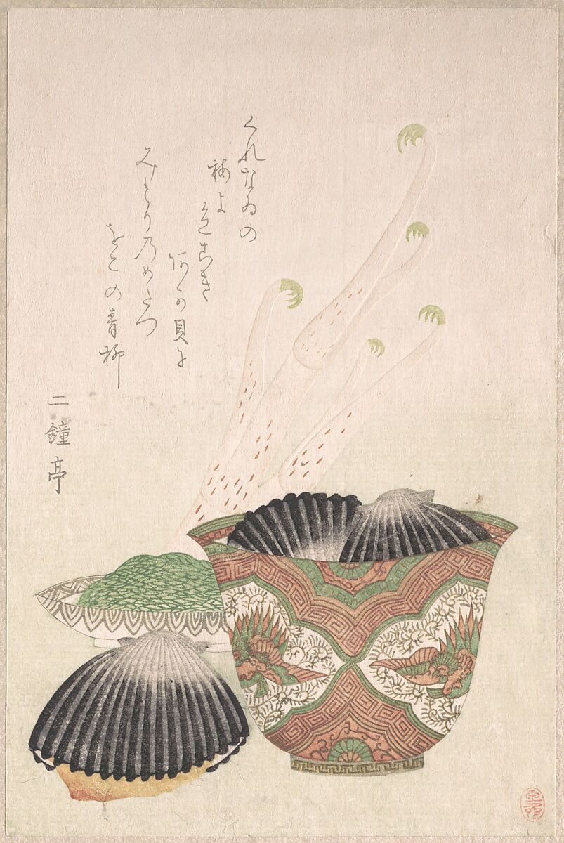 Bowl with Black Shells and Udo Plant, Unidentified artist, Woodblock print (surimono); ink and color on paper, Japan 