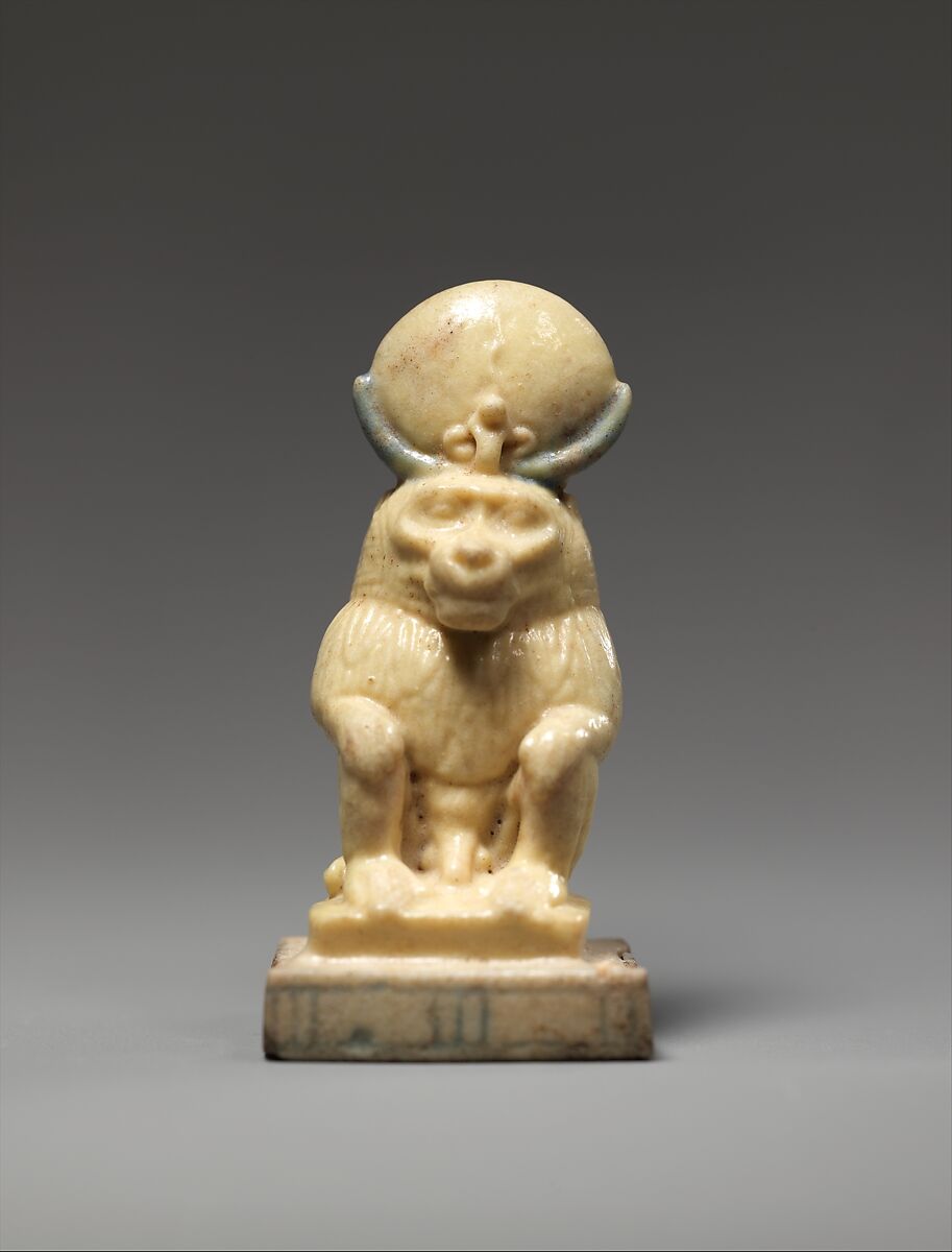 Amulet Depicting a Baboon Wearing a Lunar Disk and Uraeus, Faience 
