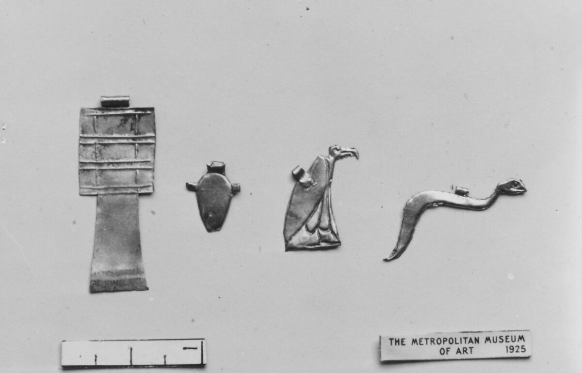 Group of Four Amulets: Cobra, Vulture, Djed Pillar, and Heart, Sheet gold