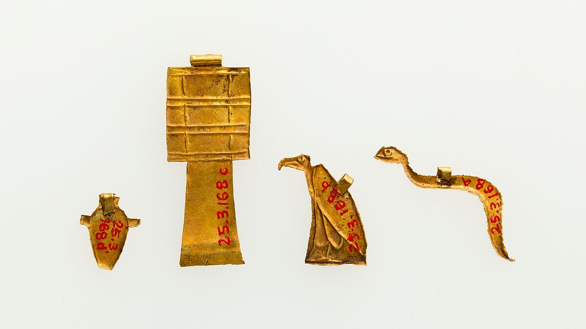 Group of Four Amulets: Cobra, Vulture, Djed Pillar, and Heart, Sheet gold