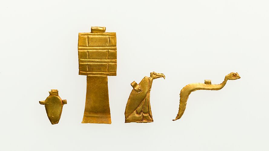 Group of Four Amulets: Cobra, Vulture, Djed Pillar, and Heart