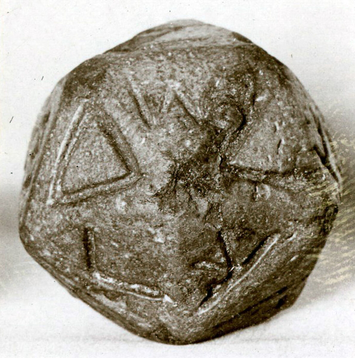 Twenty-sided die (icosahedron) with faces inscribed with Greek letters, Faience