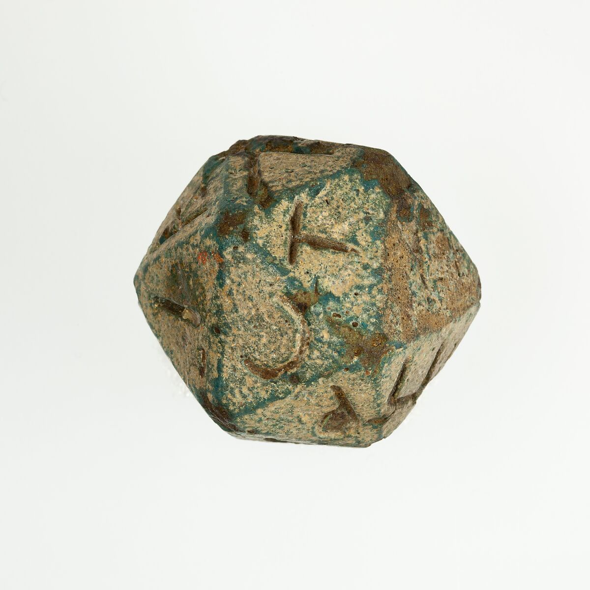 Twenty-sided die (icosahedron) with faces inscribed with Greek letters, Faience 