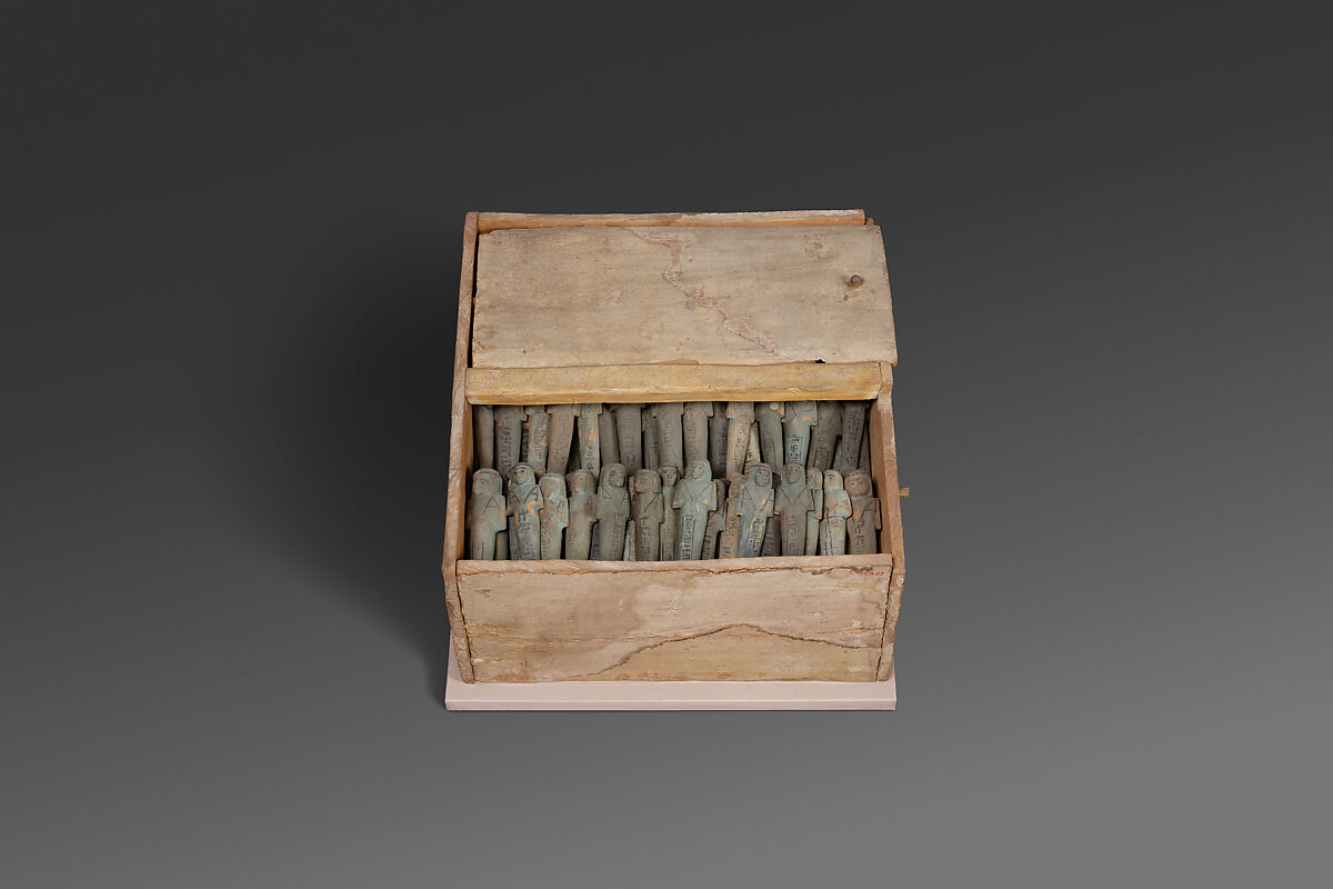 Shabti Box and Shabtis of Gautsoshen, Faience, wood, clay seal 