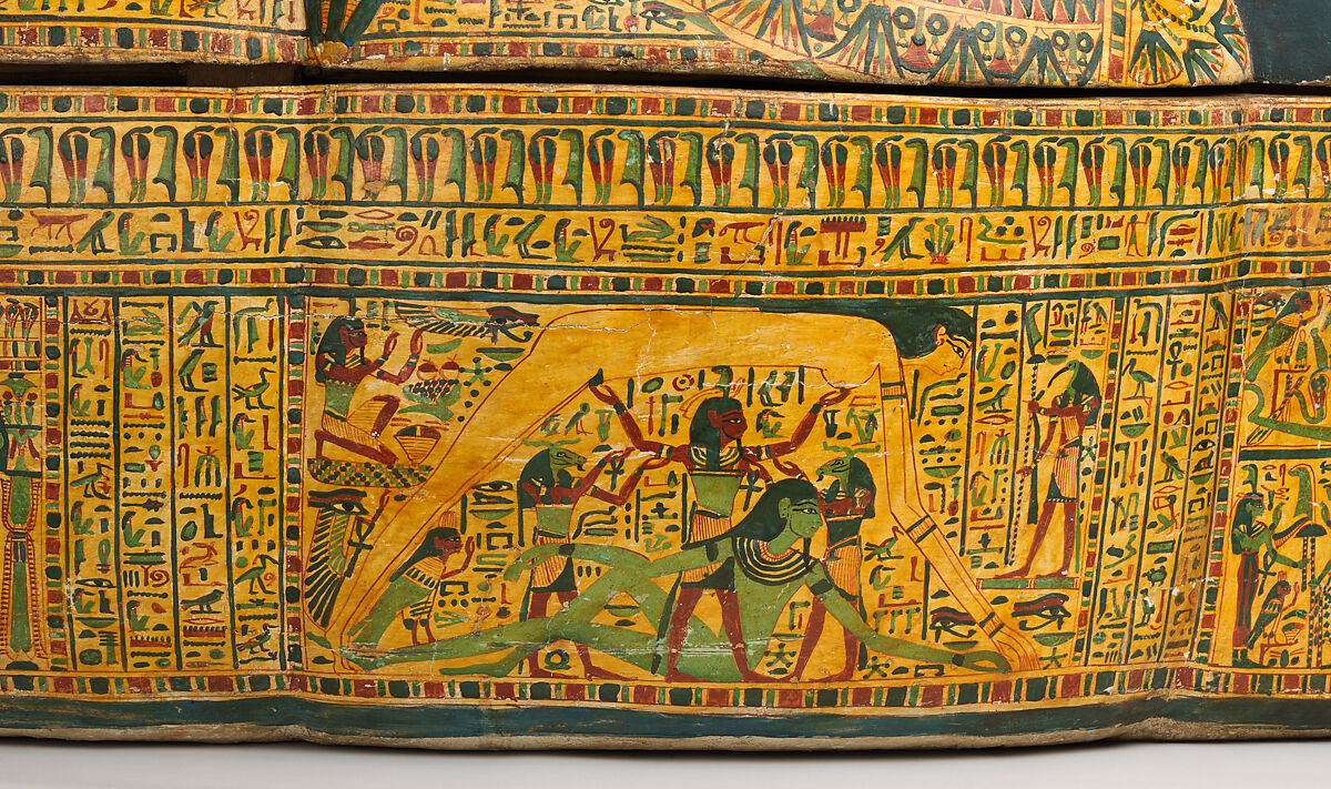 Inner Coffin of the Singer of Amun and Royal Daughter Nauny, Coniferous wood, Sycomore wood, mud, glue, paste paint, varnish, linen 