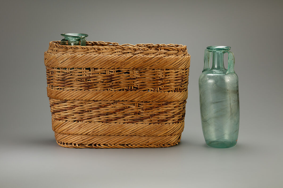 Basket, divided to hold three bottles, Basketry