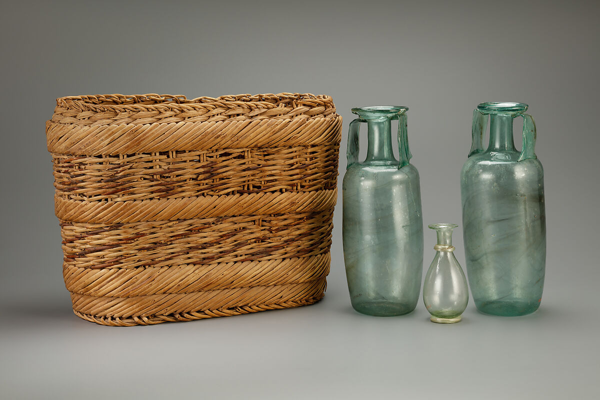 Basket, divided to hold three bottles, Basketry