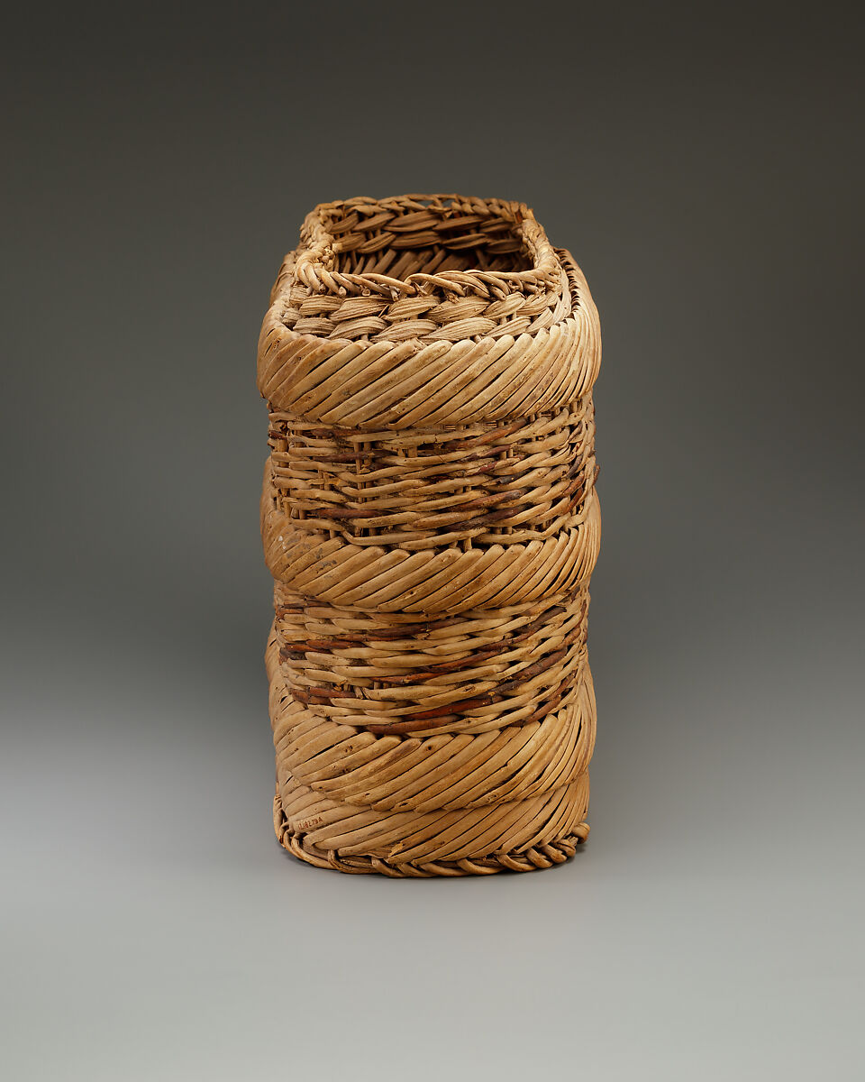 Basket, divided to hold three bottles, Basketry