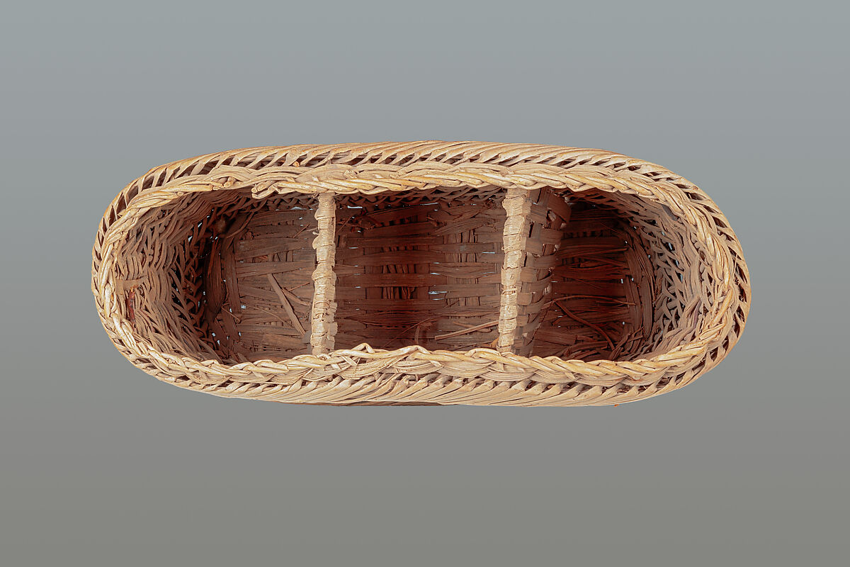Basket, divided to hold three bottles, Basketry