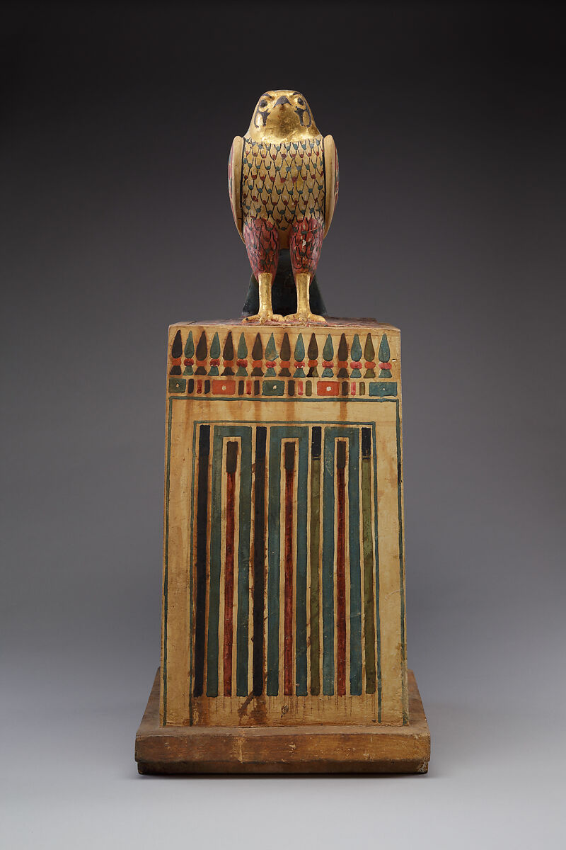 Falcon Box with Wrapped Contents, Painted and gilded wood, linen, resin, feathers