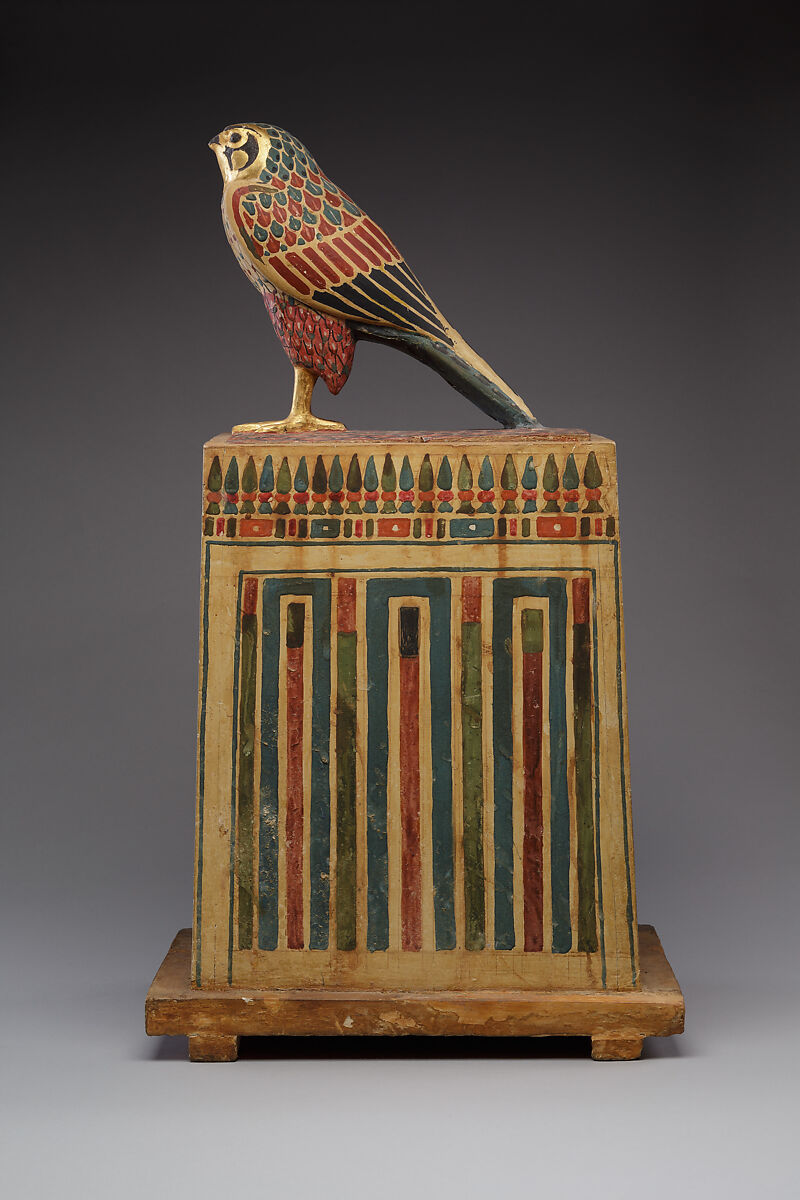 Falcon Box with Wrapped Contents, Painted and gilded wood, linen, resin, feathers