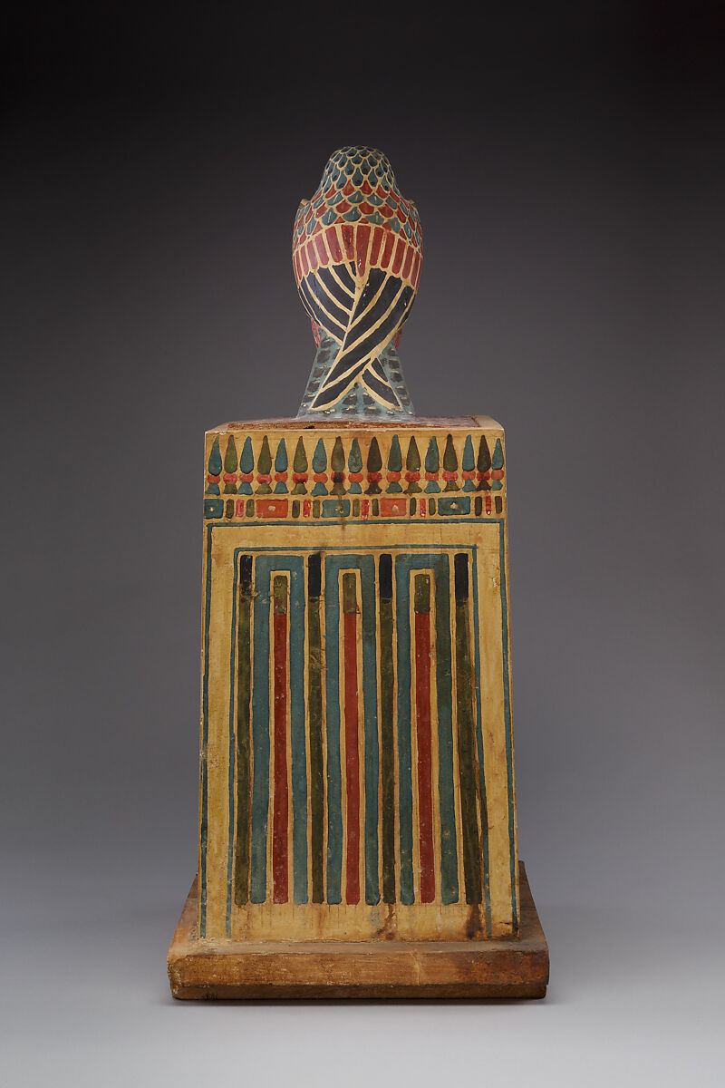 Falcon Box with Wrapped Contents, Painted and gilded wood, linen, resin, feathers