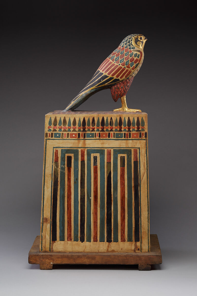 Falcon Box with Wrapped Contents, Painted and gilded wood, linen, resin, feathers