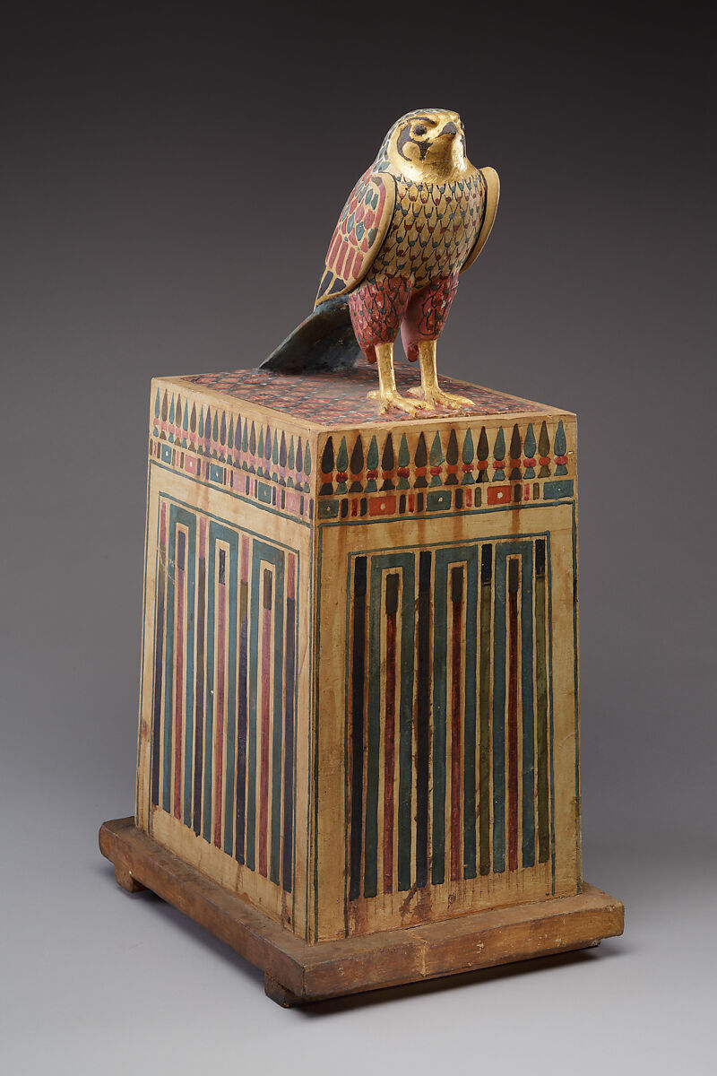 Falcon Box with Wrapped Contents, Painted and gilded wood, linen, resin, feathers