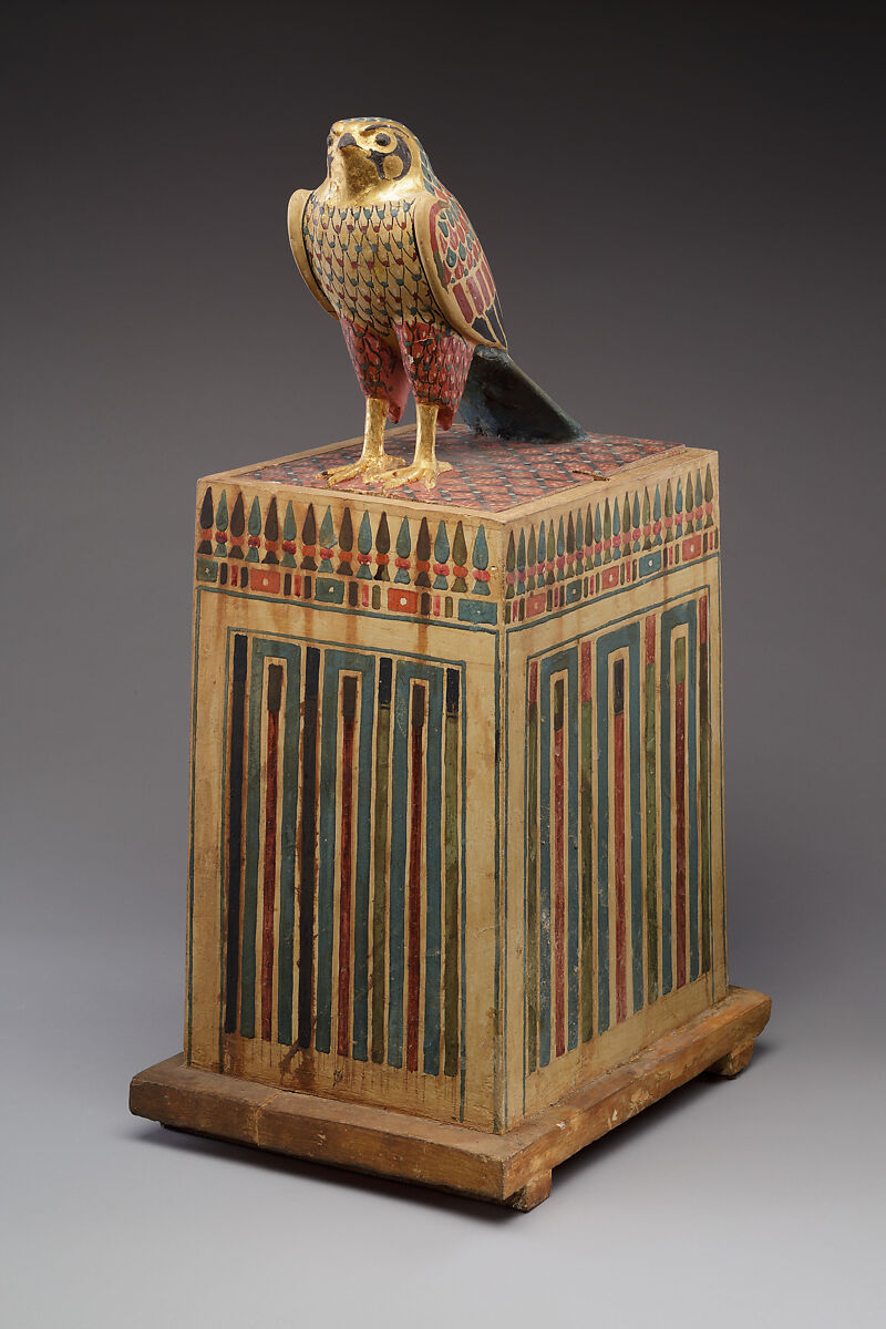 Falcon Box with Wrapped Contents, Painted and gilded wood, linen, resin, feathers