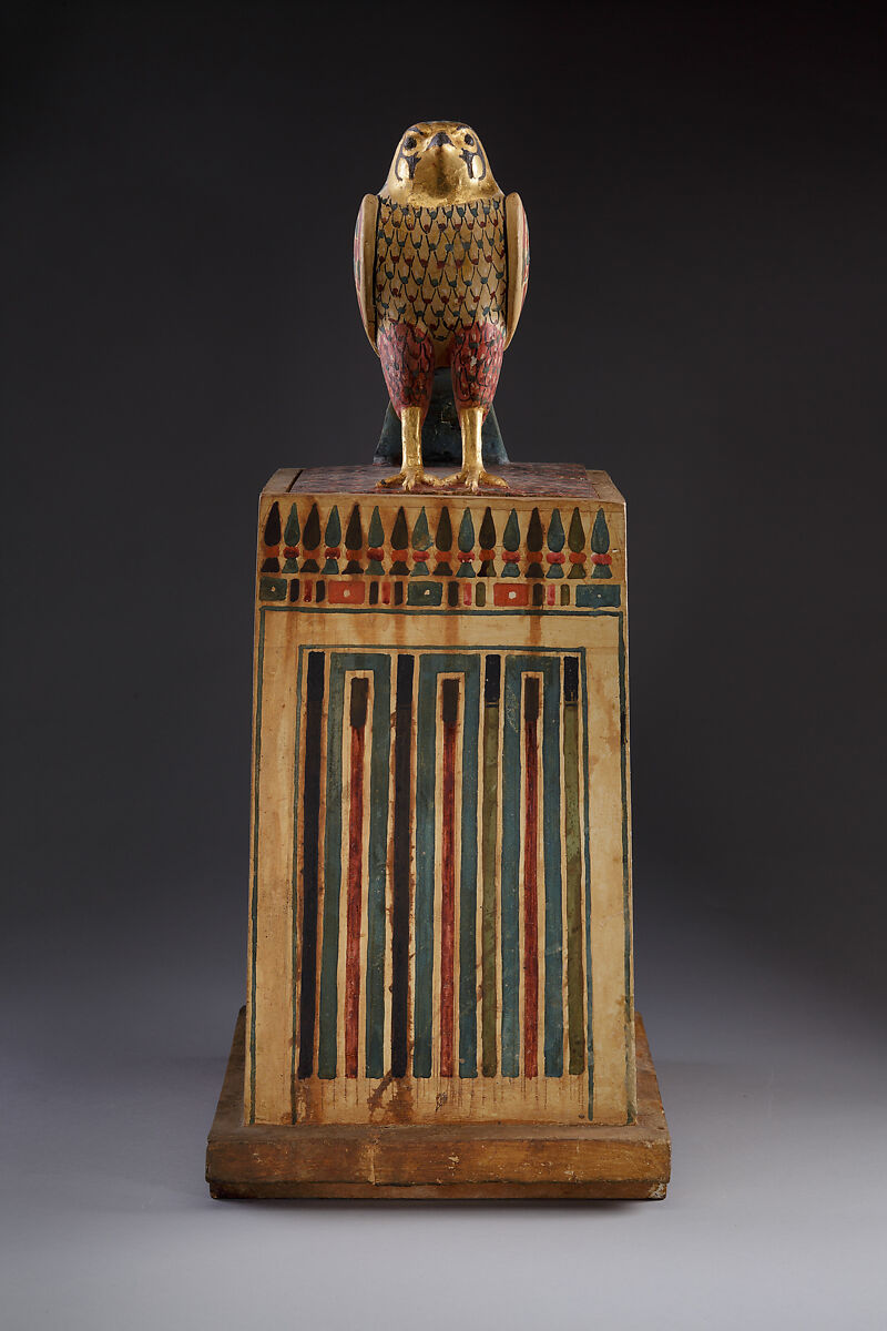 Falcon Box with Wrapped Contents, Painted and gilded wood, linen, resin, feathers