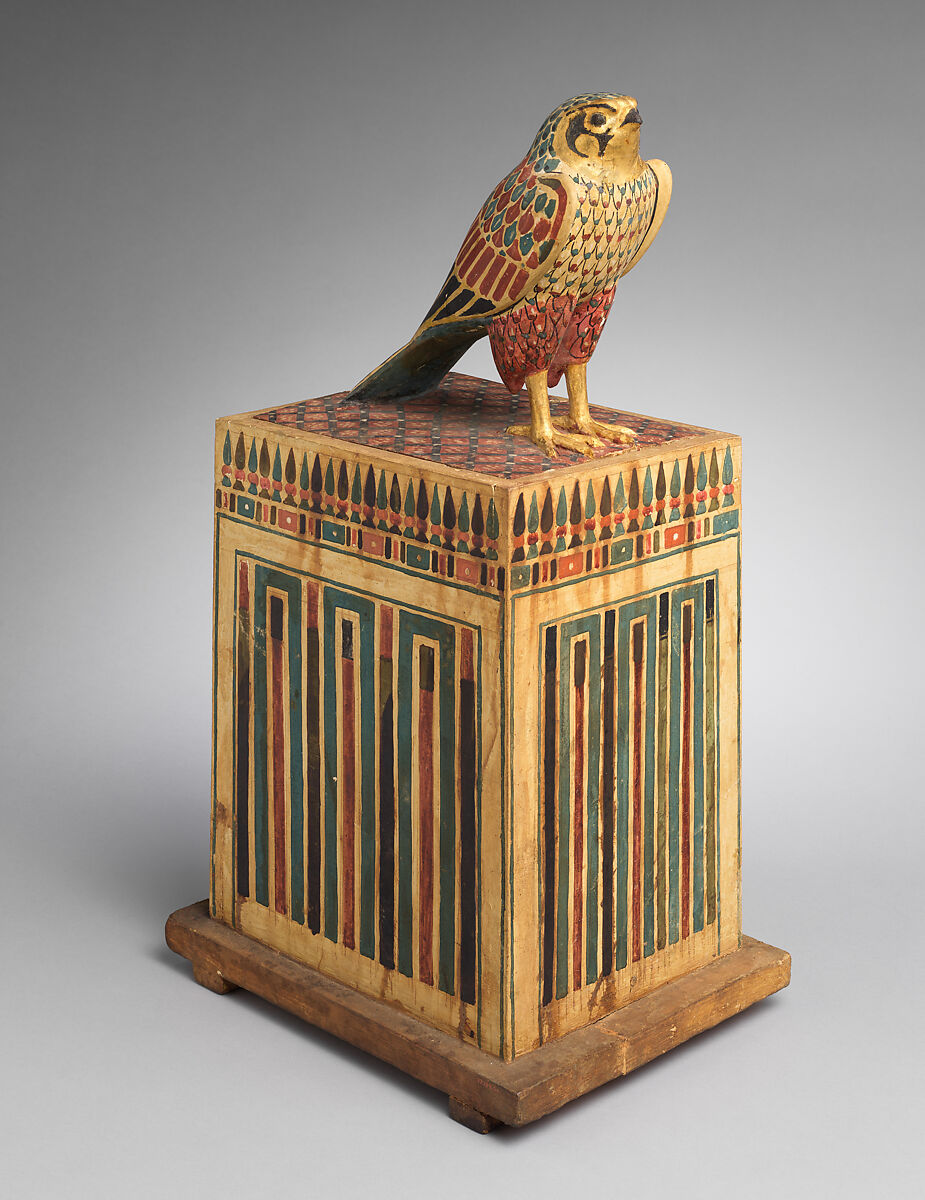Falcon Box with Wrapped Contents, Painted and gilded wood, linen, resin, feathers