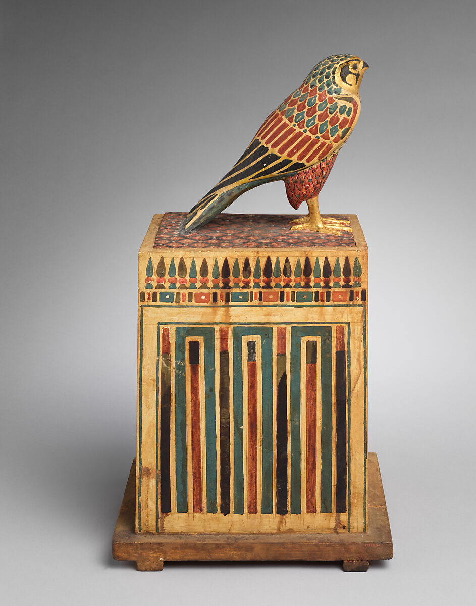 Falcon Box with Wrapped Contents, Painted and gilded wood, linen, resin, feathers