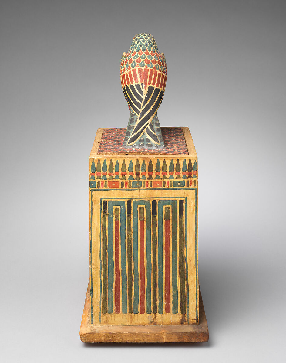 Falcon Box with Wrapped Contents, Painted and gilded wood, linen, resin, feathers