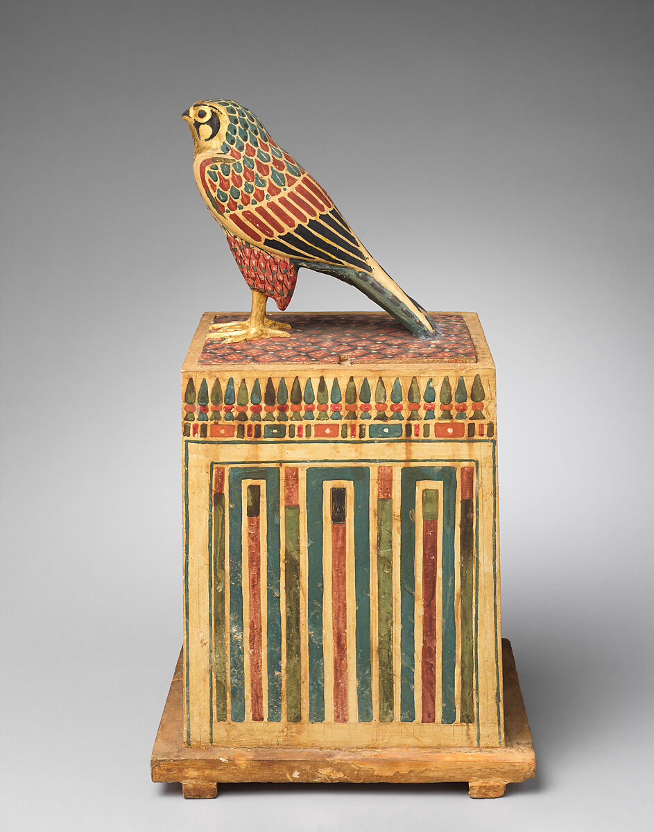 Falcon Box with Wrapped Contents, Painted and gilded wood, linen, resin, feathers